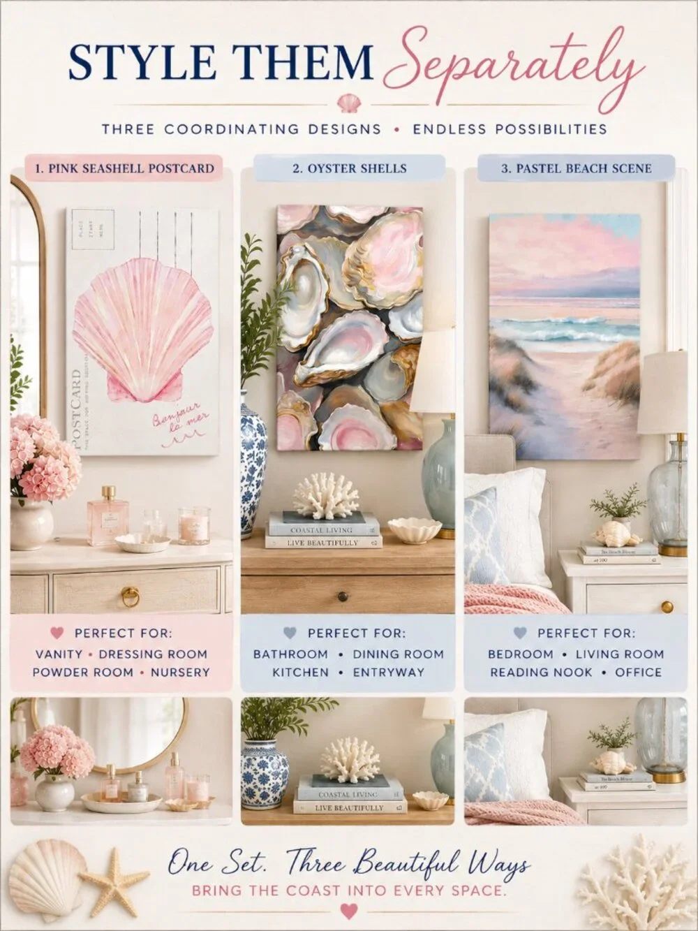 Set of 3 Coastal Wall Art Canvas Prints Pink Seashell Oyster Beach 24x16
